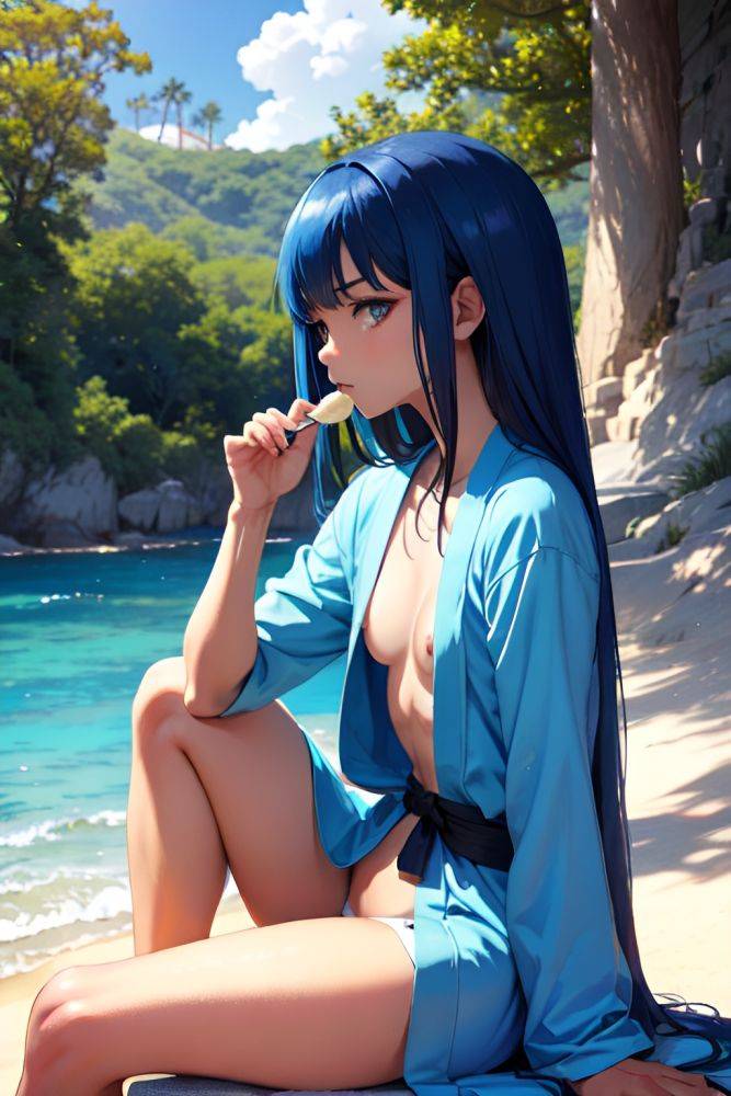 Anime Skinny Small Tits 70s Age Serious Face Blue Hair Straight Hair Style Dark Skin Vintage Beach Side View Eating Bathrobe 3676491578186508603 - AI Hentai - #main