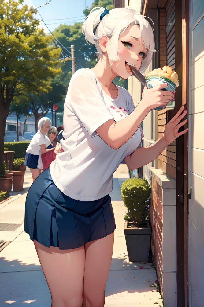Anime Chubby Small Tits 50s Age Laughing Face White Hair Pixie Hair Style Light Skin Comic Oasis Side View Eating Mini Skirt 3678176923847033801 - AI Hentai - #main