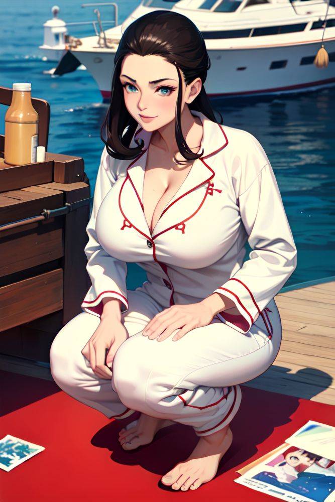 Anime Skinny Huge Boobs 70s Age Happy Face Brunette Slicked Hair Style Light Skin Painting Yacht Front View Squatting Pajamas 3678192385689192559 - AI Hentai - #main