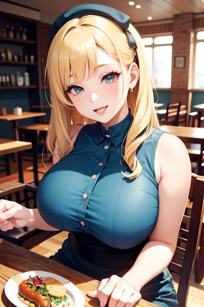 Anime Busty Huge Boobs 40s Age Happy Face Blonde Bangs Hair Style Light Skin Vintage Cafe Close Up View On Back Goth 3678219443983438194 - AI Hentai - #main