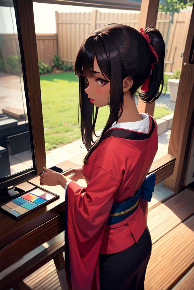 Anime Skinny Small Tits 40s Age Pouting Lips Face Brunette Straight Hair Style Dark Skin Painting Bar Back View Working Out Kimono 3678273560571971970 - AI Hentai - #main