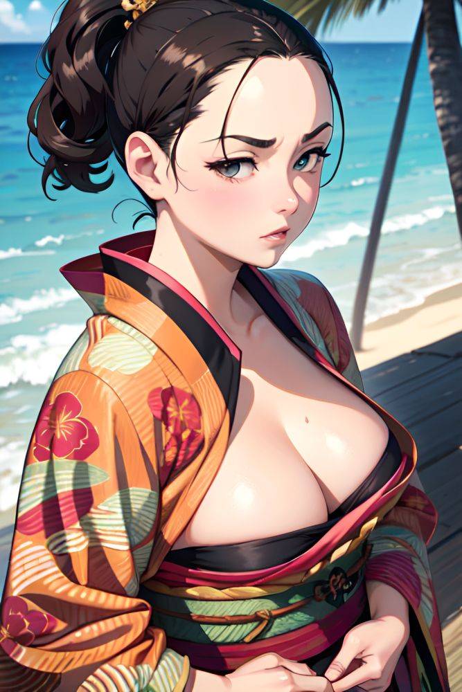 Anime Chubby Small Tits 30s Age Serious Face Brunette Slicked Hair Style Light Skin Vintage Beach Side View On Back Kimono 3678296753395684827 - AI Hentai - #main