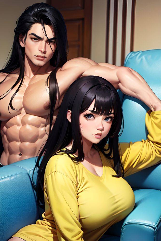 Anime Muscular Huge Boobs 70s Age Pouting Lips Face Black Hair Straight Hair Style Light Skin Dark Fantasy Couch Front View Jumping Pajamas 3678323811242908370 - AI Hentai - #main