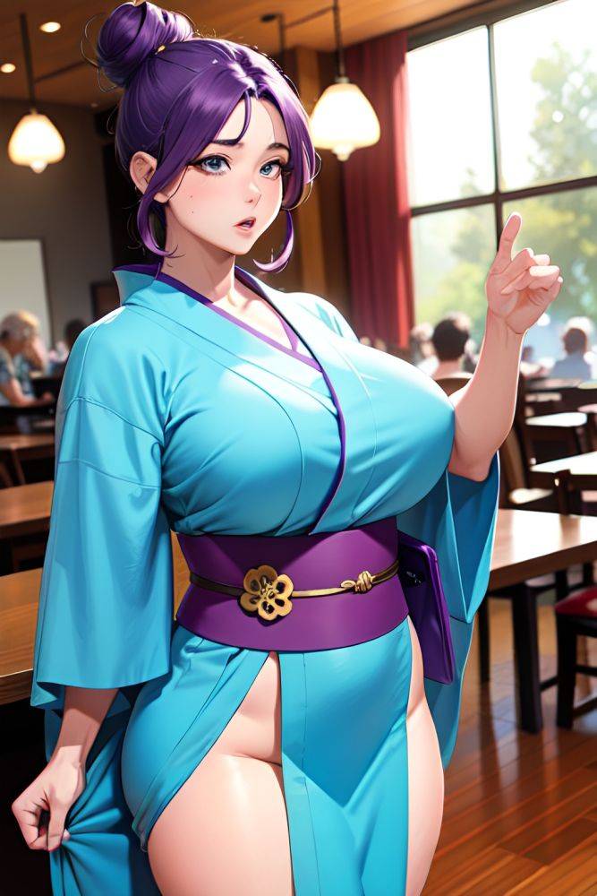 Anime Muscular Huge Boobs 80s Age Shocked Face Purple Hair Hair Bun Hair Style Light Skin Comic Cafe Front View On Back Kimono 3678397255167953845 - AI Hentai - #main