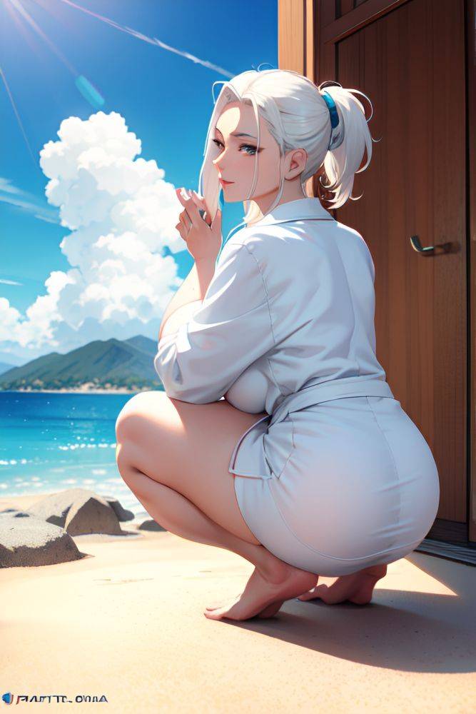 Anime Skinny Huge Boobs 30s Age Happy Face White Hair Slicked Hair Style Light Skin Soft Anime Oasis Back View Squatting Bathrobe 3678447506285877112 - AI Hentai - #main