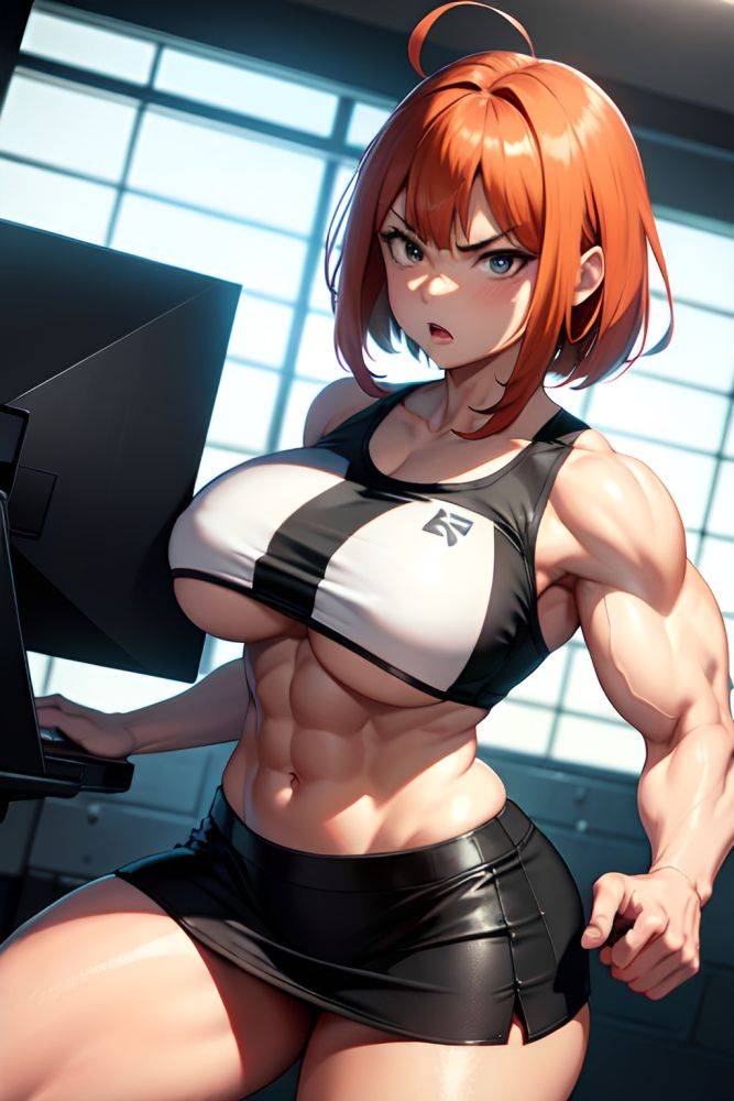 Anime Muscular Huge Boobs 40s Age Angry Face Ginger Bangs Hair Style Light Skin Black And White Prison Front View Gaming Mini Skirt 3678478430538282390 - AI Hentai - #main