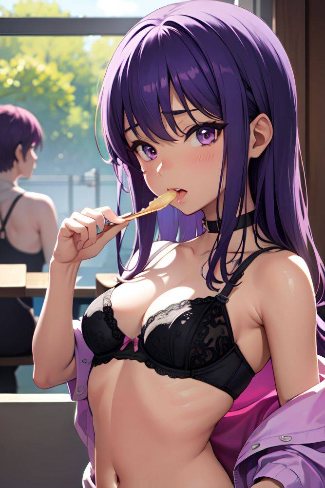 Anime Busty Small Tits 18 Age Orgasm Face Purple Hair Pixie Hair Style Dark Skin Illustration Club Front View Eating Bra 3678671704069159843 - AI Hentai - #main