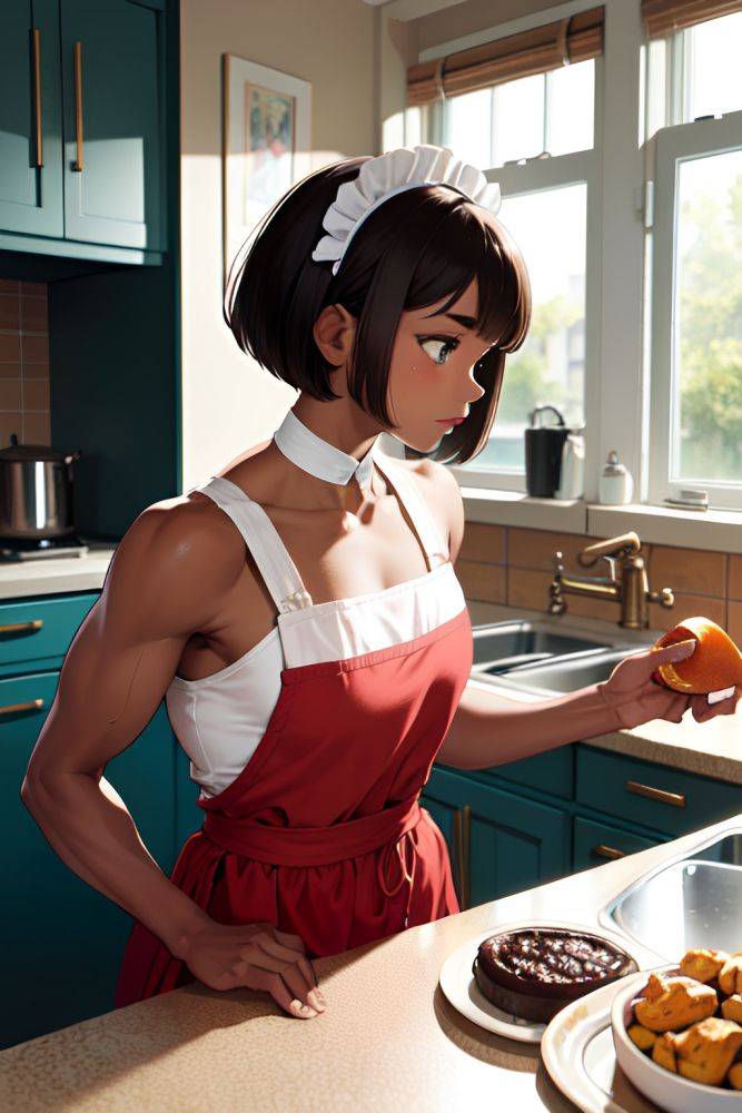 Anime Muscular Small Tits 18 Age Shocked Face Brunette Bobcut Hair Style Dark Skin Vintage Kitchen Side View Working Out Maid 3678741282052868897 - AI Hentai - #main