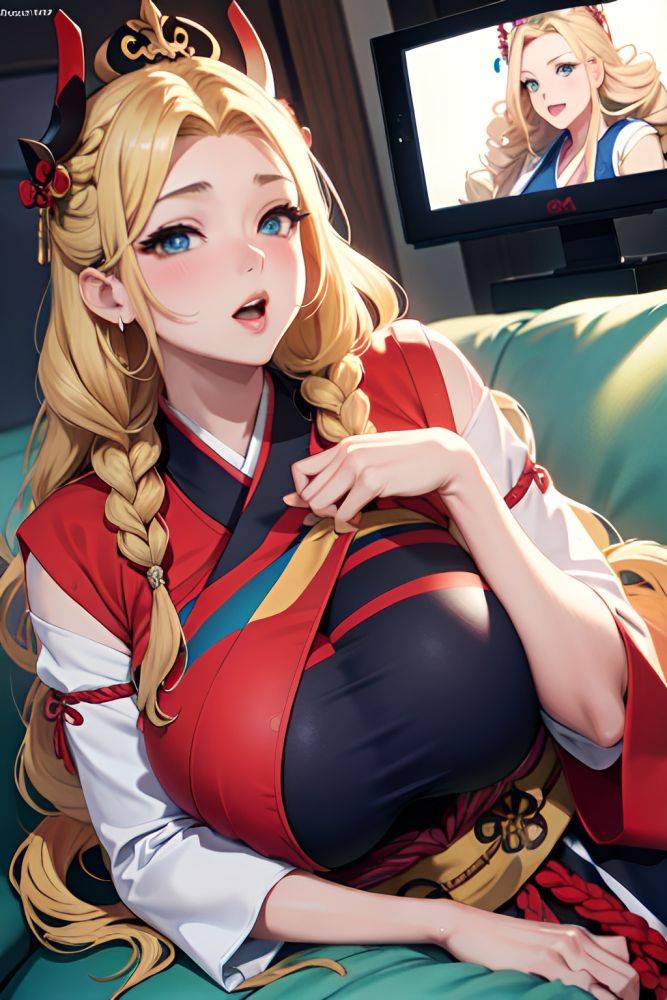 Anime Busty Huge Boobs 20s Age Shocked Face Blonde Braided Hair Style Light Skin Illustration Couch Front View Gaming Geisha 3678876574011925550 - AI Hentai - #main