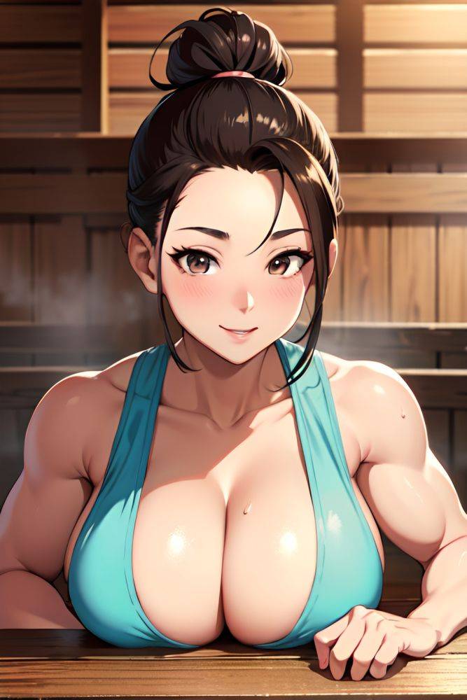 Anime Muscular Huge Boobs 50s Age Happy Face Brunette Hair Bun Hair Style Light Skin Warm Anime Sauna Front View Plank Nurse 3679112367679603791 - AI Hentai - #main