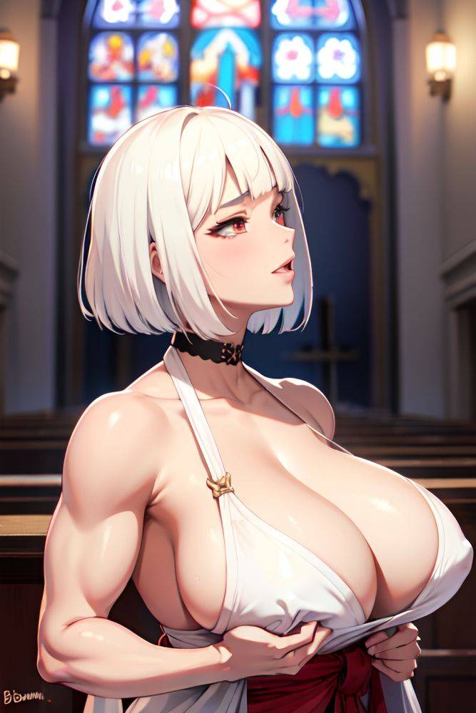 Anime Muscular Huge Boobs 18 Age Ahegao Face White Hair Bobcut Hair Style Light Skin Skin Detail (beta) Church Side View Gaming Kimono 3679166483820954766 - AI Hentai - #main