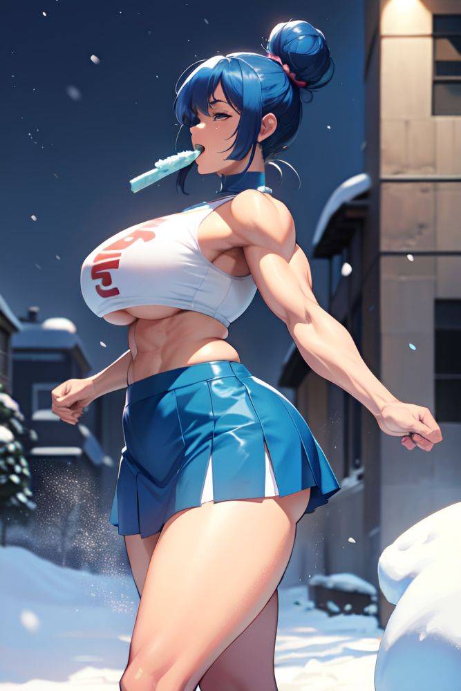 Anime Muscular Huge Boobs 80s Age Laughing Face Blue Hair Hair Bun Hair Style Dark Skin Crisp Anime Snow Side View Eating Mini Skirt 3679178080679967080 - AI Hentai - #main