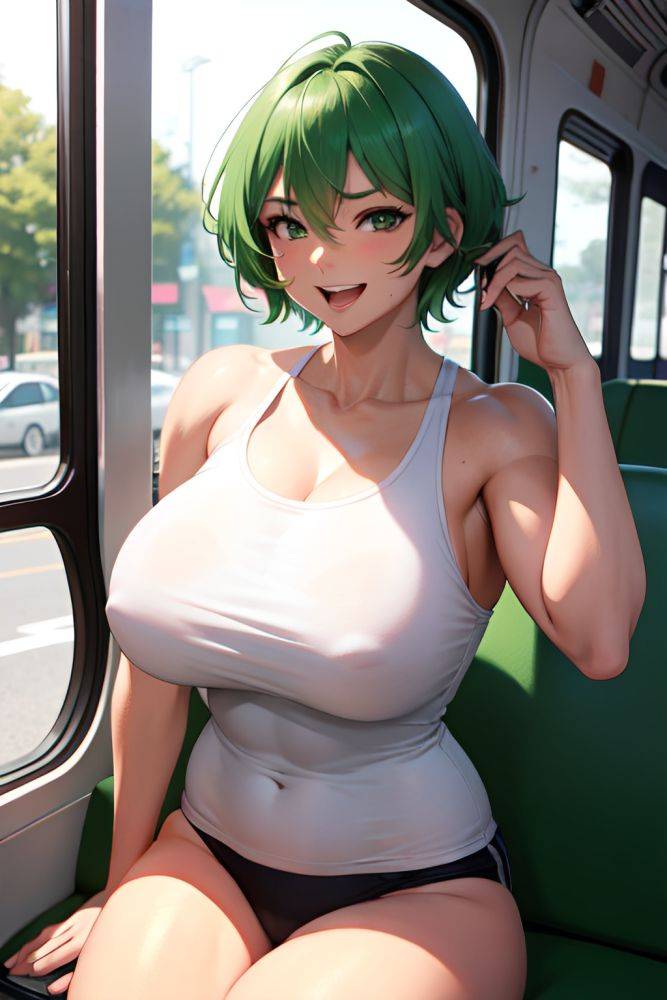 Anime Muscular Huge Boobs 30s Age Laughing Face Green Hair Pixie Hair Style Light Skin Warm Anime Bus Front View Eating Teacher 3679189676644620024 - AI Hentai - #main