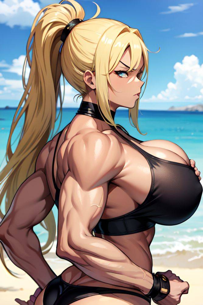 Anime Muscular Huge Boobs 70s Age Angry Face Blonde Ponytail Hair Style Dark Skin Warm Anime Club Back View Eating Goth 3679317237662473573 - AI Hentai - #main