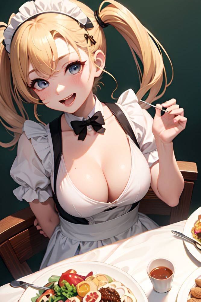 Anime Busty Small Tits 50s Age Laughing Face Blonde Pigtails Hair Style Light Skin Skin Detail (beta) Moon Close Up View Eating Maid 3679321102645560986 - AI Hentai - #main