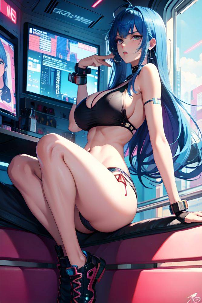 Anime Skinny Huge Boobs 60s Age Serious Face Blue Hair Messy Hair Style Light Skin Cyberpunk Club Side View Spreading Legs Teacher 3679371353763374017 - AI Hentai - #main
