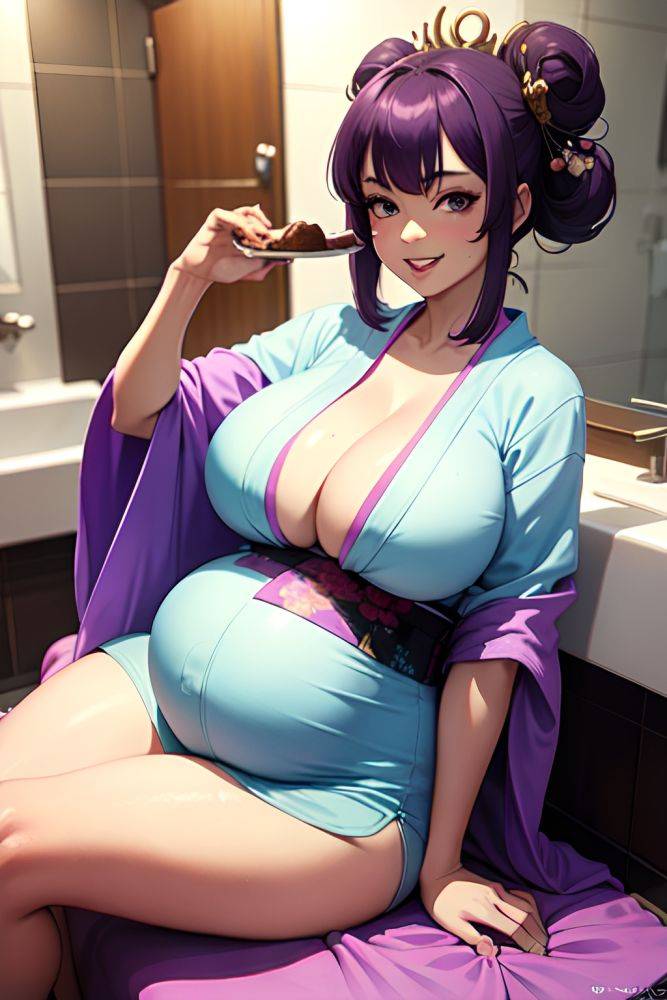 Anime Pregnant Huge Boobs 70s Age Happy Face Purple Hair Pixie Hair Style Dark Skin Film Photo Bathroom Close Up View Eating Geisha 3679498914740741305 - AI Hentai - #main