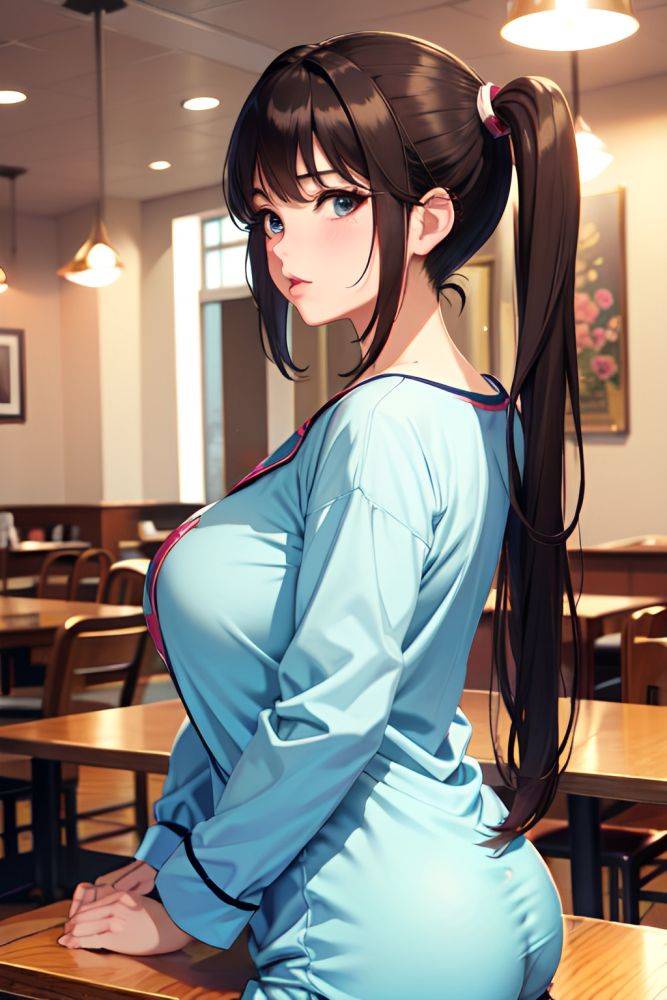 Anime Busty Huge Boobs 40s Age Pouting Lips Face Brunette Pigtails Hair Style Light Skin Soft + Warm Cafe Side View On Back Pajamas 3679541434917350286 - AI Hentai - #main