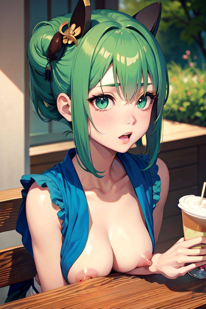 Anime Skinny Small Tits 50s Age Shocked Face Green Hair Bangs Hair Style Light Skin Soft Anime Cafe Front View Gaming Geisha 3679614878858847852 - AI Hentai - #main