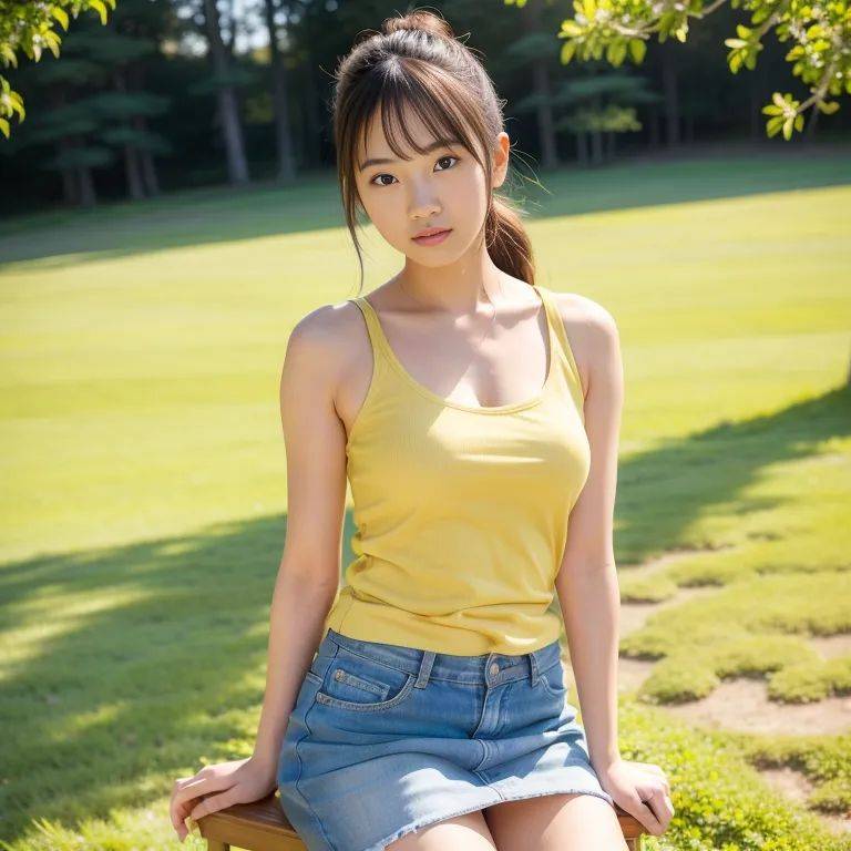 , japanese,woman,twenties,(RAW photo, best quality, masterpiece:1.1), (realistic, photo-realistic:1.2), ultra-detailed, ultra high res, physically-based rendering,beautiful,perfect body,sleeveless,casual clothing,yellow - #main