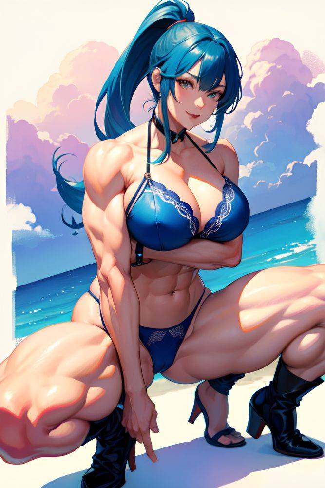 Anime Muscular Huge Boobs 20s Age Happy Face Blue Hair Ponytail Hair Style Light Skin Watercolor Casino Front View Squatting Lingerie 3679757901294954041 - AI Hentai - #main