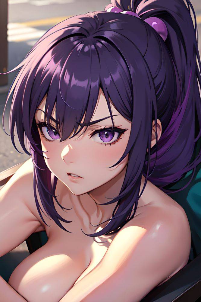 Anime Skinny Huge Boobs 80s Age Angry Face Purple Hair Ponytail Hair Style Dark Skin Dark Fantasy Street Close Up View Sleeping Nude 3679761766742000026 - AI Hentai - #main
