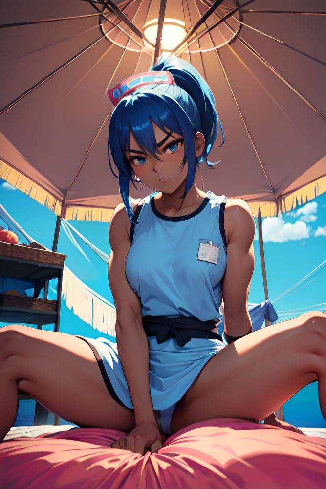 Anime Muscular Small Tits 20s Age Angry Face Blue Hair Ponytail Hair Style Dark Skin Soft + Warm Tent Front View Spreading Legs Nurse 3676518636928106181 - AI Hentai - #main