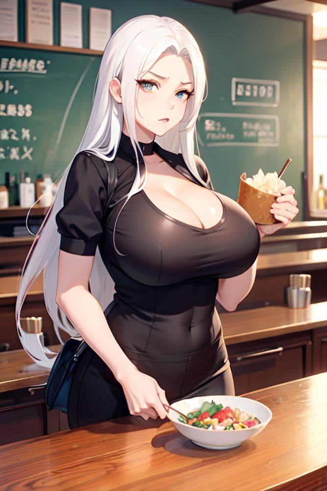 Anime Busty Huge Boobs 40s Age Angry Face White Hair Straight Hair Style Light Skin Film Photo Bar Front View Eating Teacher 3676537964281175223 - AI Hentai - #main