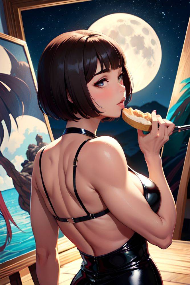 Anime Muscular Huge Boobs 50s Age Pouting Lips Face Brunette Bobcut Hair Style Dark Skin Painting Moon Back View Eating Latex 3679935712943253736 - AI Hentai - #main