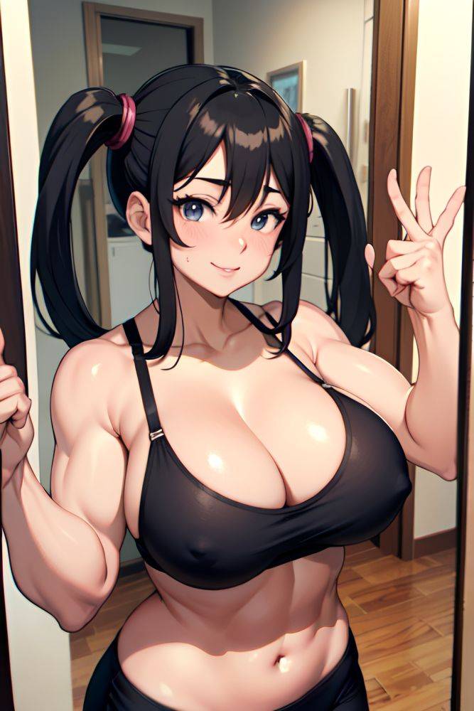 Anime Muscular Huge Boobs 30s Age Happy Face Black Hair Pigtails Hair Style Dark Skin Mirror Selfie Office Side View Yoga Bra 3680186968045822968 - AI Hentai - #main