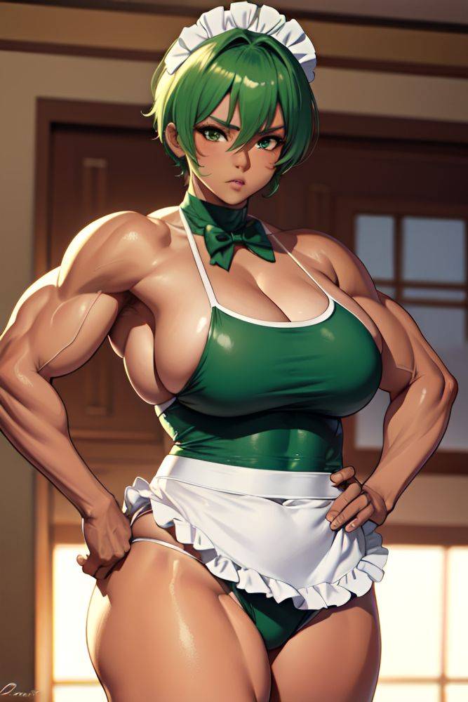 Anime Muscular Huge Boobs 60s Age Sad Face Green Hair Pixie Hair Style Dark Skin Soft Anime Stage Front View Working Out Maid 3680376376593657681 - AI Hentai - #main