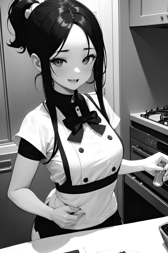 Anime Busty Small Tits 30s Age Happy Face Ginger Slicked Hair Style Dark Skin Black And White Kitchen Close Up View Eating Mini Skirt 3680024618743904893 - AI Hentai - #main