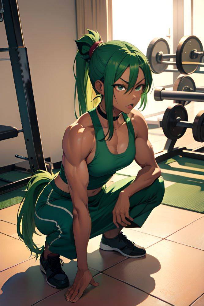 Anime Muscular Small Tits 30s Age Angry Face Green Hair Ponytail Hair Style Dark Skin Film Photo Gym Front View Squatting Maid 3680476878342162713 - AI Hentai - #main