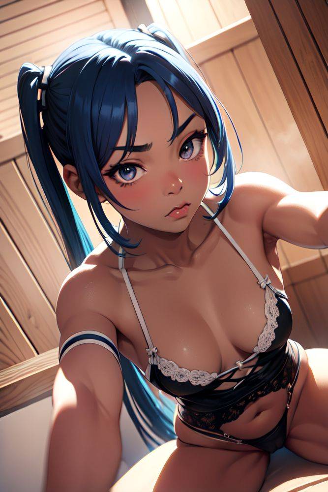 Anime Muscular Small Tits 20s Age Pouting Lips Face Blue Hair Pigtails Hair Style Dark Skin Black And White Sauna Close Up View Spreading Legs Lingerie 3679985964061240593 - AI Hentai - #main