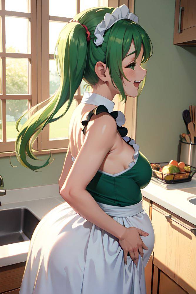 Anime Pregnant Small Tits 30s Age Laughing Face Green Hair Pigtails Hair Style Light Skin Soft + Warm Kitchen Back View Jumping Maid 3680612169813947883 - AI Hentai - #main