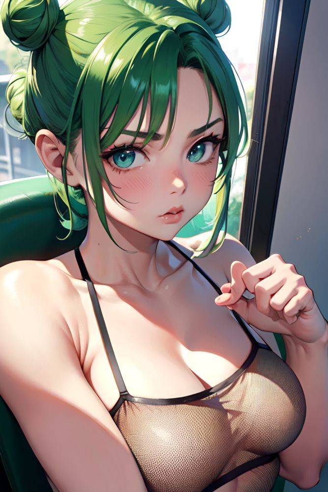 Anime Muscular Small Tits 18 Age Pouting Lips Face Green Hair Hair Bun Hair Style Light Skin Film Photo Office Close Up View Working Out Fishnet 3680666288103544396 - AI Hentai - #main