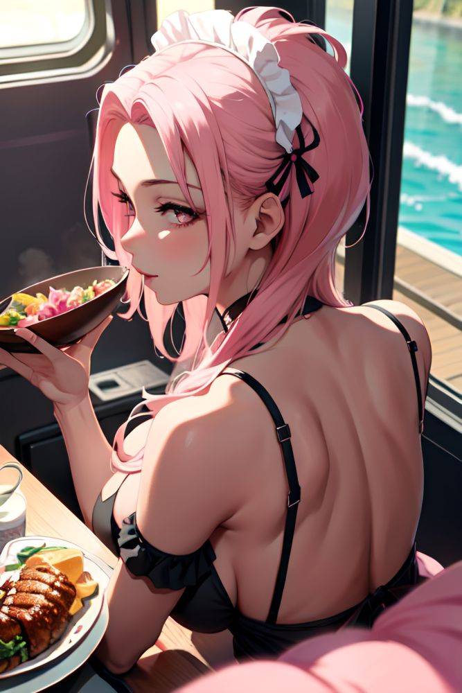 Anime Skinny Huge Boobs 40s Age Happy Face Pink Hair Slicked Hair Style Dark Skin Charcoal Train Back View Eating Maid 3680712670957828259 - AI Hentai - #main