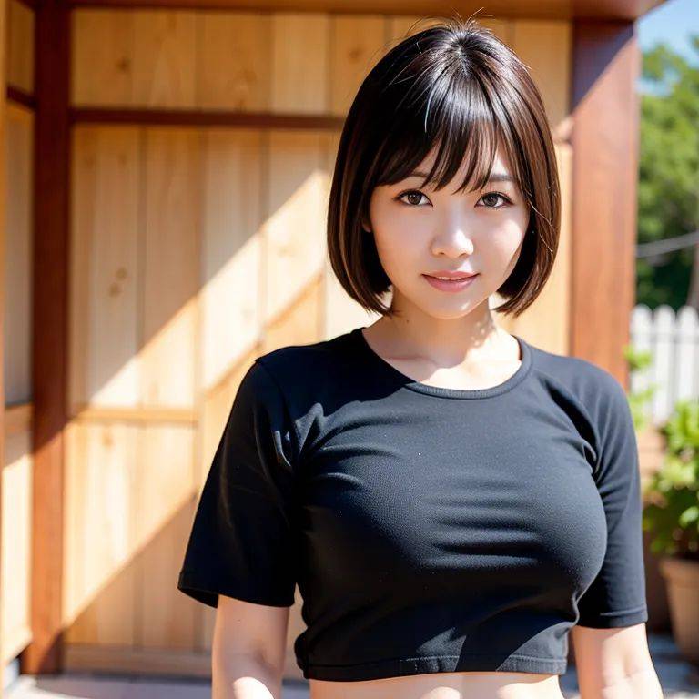 , japanese,woman,twenties,(RAW photo, best quality, masterpiece:1.1), (realistic, photo-realistic:1.2), ultra-detailed, ultra high res, physically-based rendering,short hair,black hair,bangs,beautiful,(smile),huge - #main