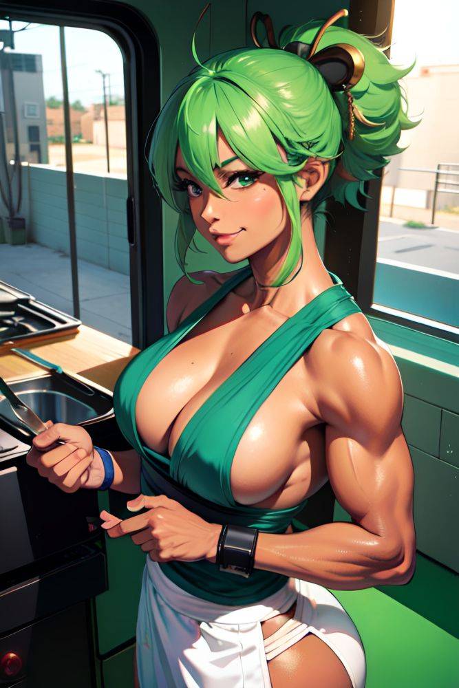 Anime Muscular Small Tits 80s Age Happy Face Green Hair Pixie Hair Style Dark Skin Cyberpunk Car Side View Cooking Geisha 3680905946013154618 - AI Hentai - #main