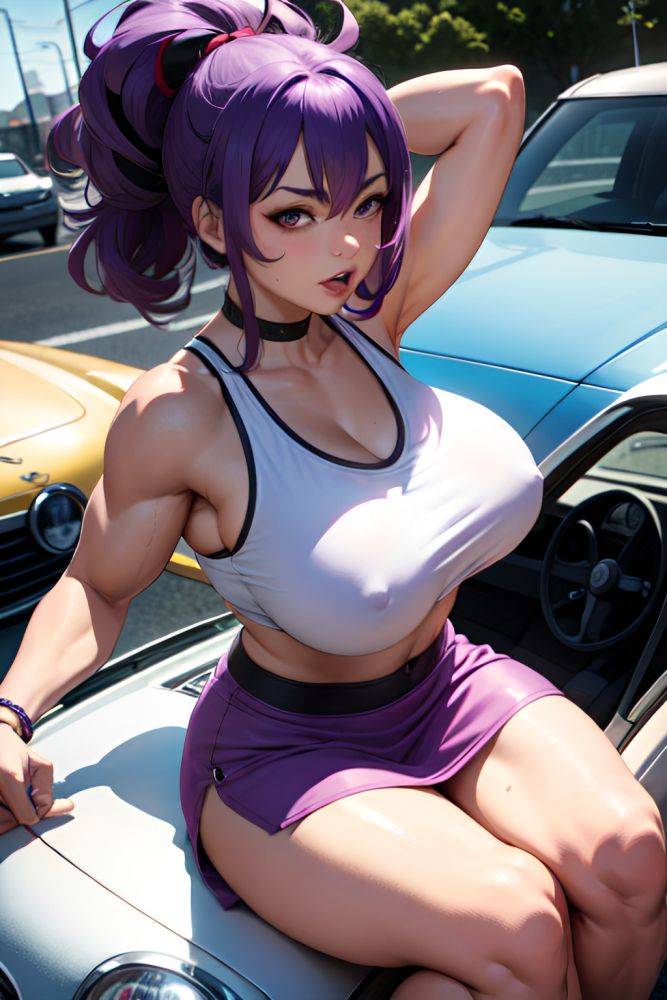 Anime Muscular Huge Boobs 60s Age Ahegao Face Purple Hair Messy Hair Style Light Skin Illustration Car Close Up View Jumping Mini Skirt 3681122410826254744 - AI Hentai - #main