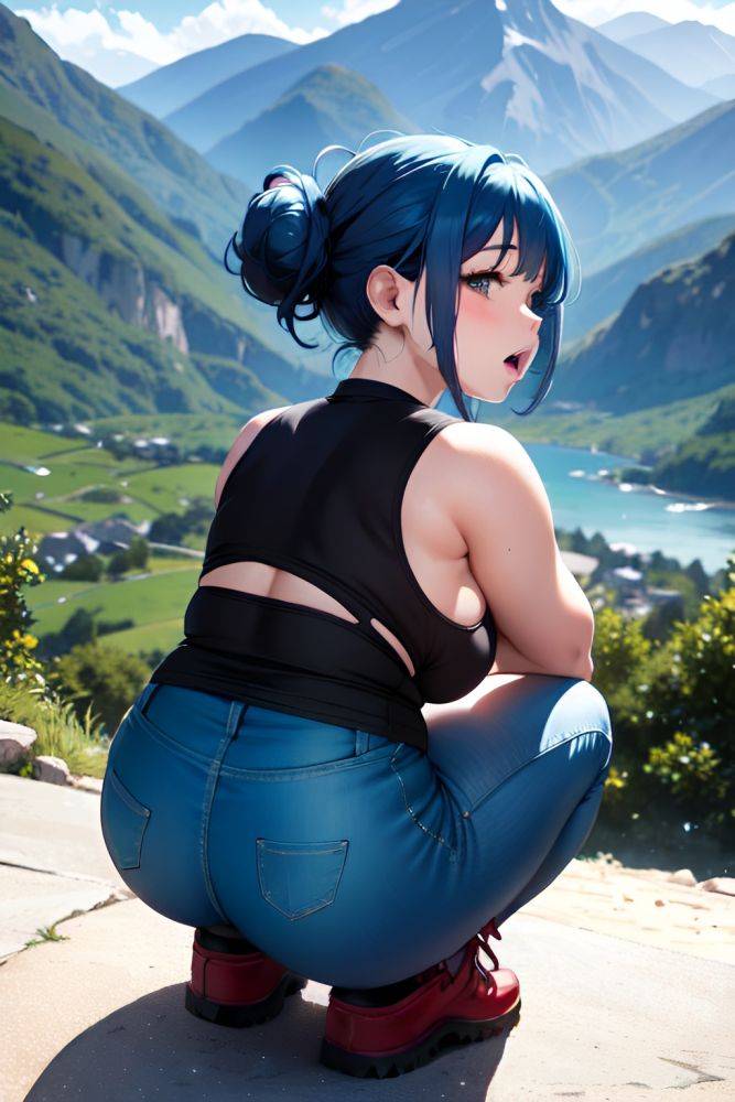 Anime Chubby Small Tits 30s Age Orgasm Face Blue Hair Hair Bun Hair Style Light Skin Soft + Warm Mountains Back View Squatting Goth 3681253838368410987 - AI Hentai - #main