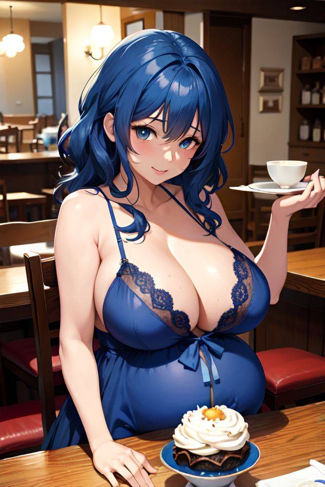 Anime Pregnant Huge Boobs 40s Age Seductive Face Blue Hair Messy Hair Style Dark Skin Soft + Warm Restaurant Front View Jumping Lingerie 3681277029565404626 - AI Hentai - #main