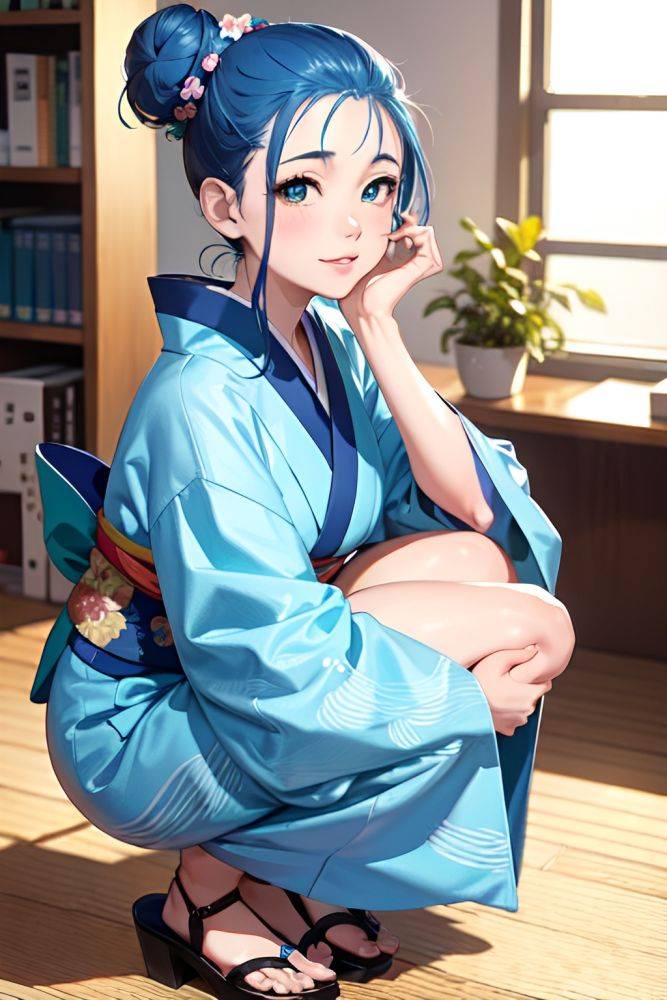 Anime Skinny Small Tits 60s Age Happy Face Blue Hair Hair Bun Hair Style Light Skin Illustration Office Close Up View Squatting Kimono 3681632654471746198 - AI Hentai - #main
