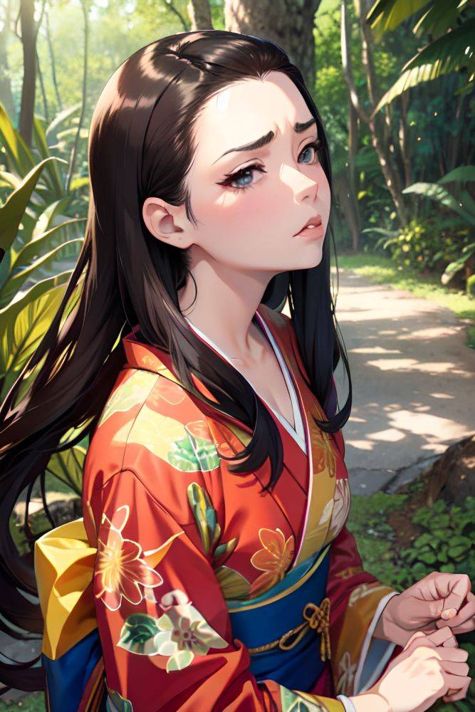 Anime Busty Small Tits 80s Age Sad Face Brunette Slicked Hair Style Light Skin Crisp Anime Jungle Close Up View On Back Kimono 3676735103282752831 - AI Hentai - #main