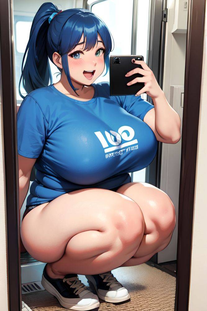 Anime Chubby Huge Boobs 50s Age Laughing Face Blue Hair Ponytail Hair Style Dark Skin Mirror Selfie Bus Front View Squatting Bra 3676773757988865497 - AI Hentai - #main