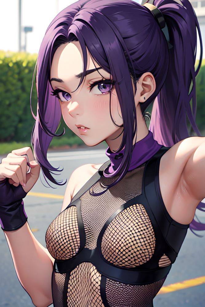 Anime Skinny Small Tits 40s Age Pouting Lips Face Purple Hair Ponytail Hair Style Dark Skin Comic Gym Close Up View Jumping Fishnet 3681733157330724738 - AI Hentai - #main