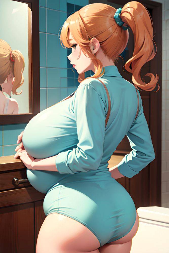 Anime Pregnant Huge Boobs 50s Age Pouting Lips Face Ginger Pigtails Hair Style Light Skin Illustration Bathroom Back View Plank Lingerie 3681856850157488569 - AI Hentai - #main