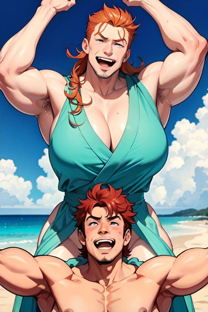 Anime Muscular Huge Boobs 70s Age Laughing Face Ginger Slicked Hair Style Light Skin Watercolor Shower Front View On Back Bathrobe 3676920645912800562 - AI Hentai - #main