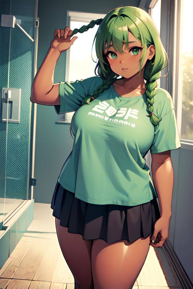 Anime Chubby Small Tits 30s Age Serious Face Green Hair Braided Hair Style Dark Skin Illustration Shower Front View Plank Mini Skirt 3676943838248966767 - AI Hentai - #main