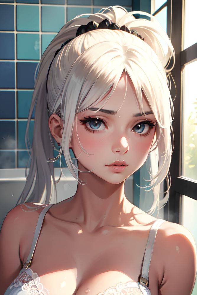 Anime Skinny Small Tits 70s Age Pouting Lips Face White Hair Ponytail Hair Style Light Skin Vintage Shower Close Up View Bathing Bra 3676974762501344098 - AI Hentai - #main
